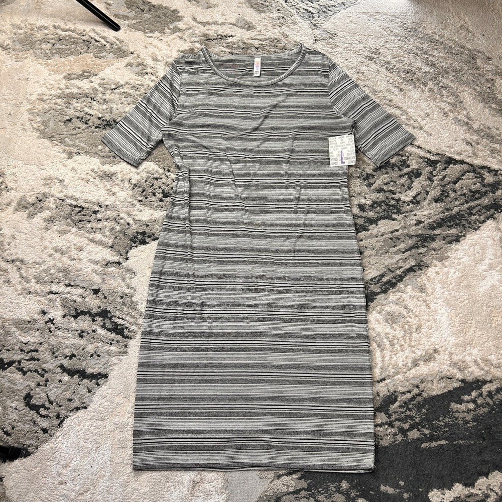 LuLaRoe Julia Fitted Midi T-Shirt Dress Women Large Gray Striped Knit Round Neck
